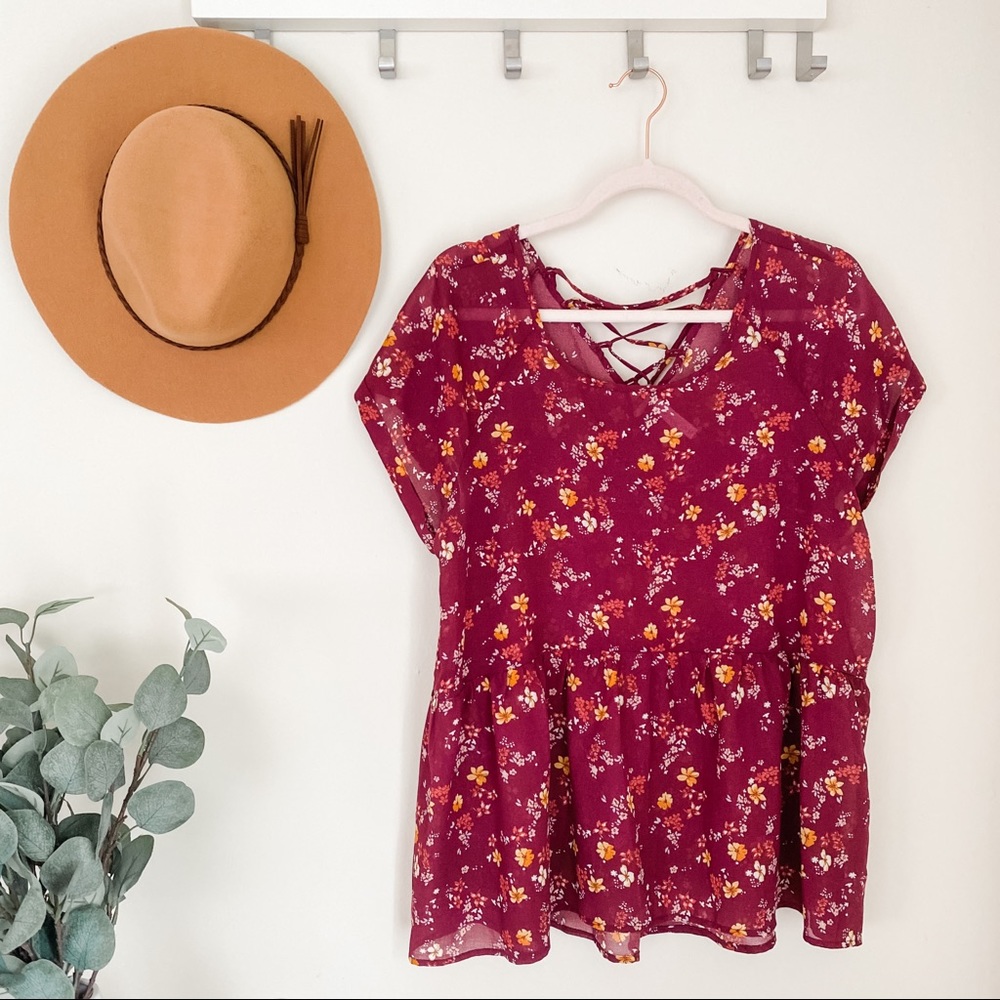 Xhilaration Floral Boho Tie Back Babydoll Top